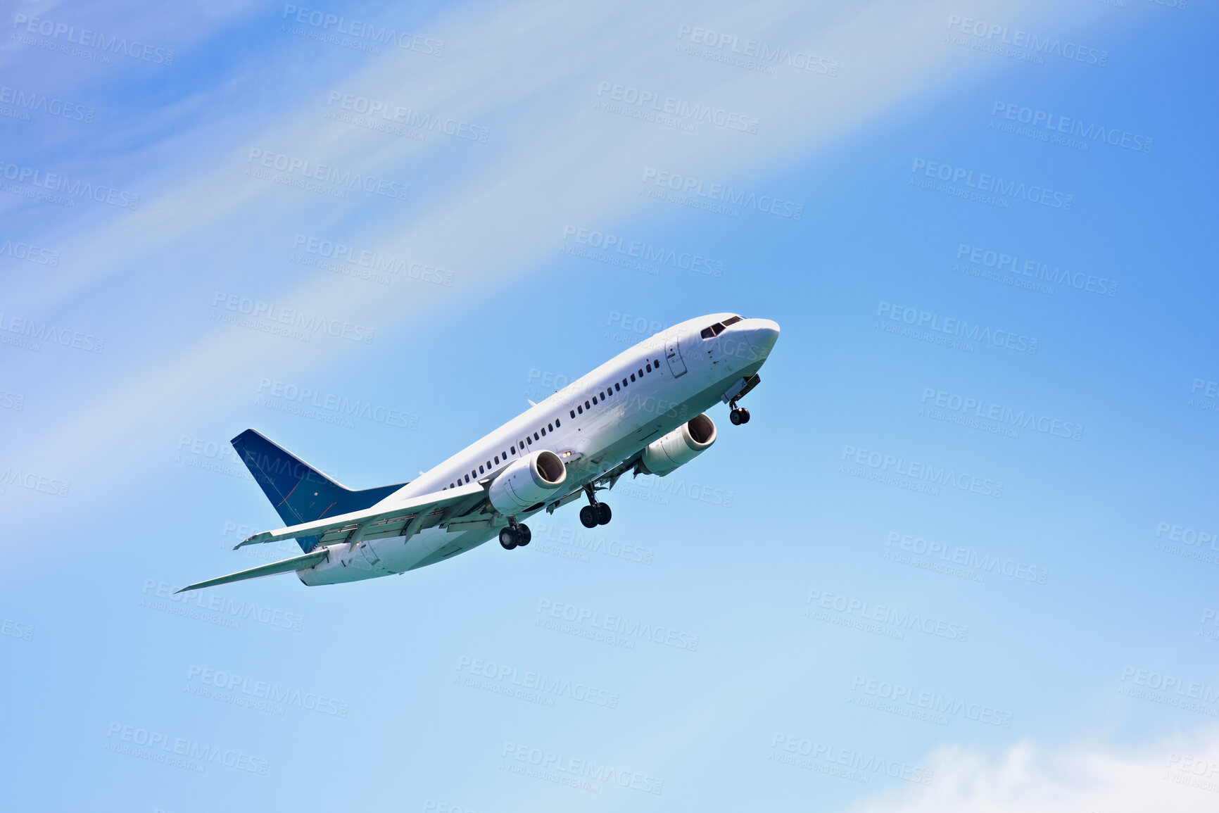 Buy stock photo Airplane, flying and blue sky for travel, holiday and vacation or immigration opportunity with New Zealand airline. Plane, aircraft and transportation in air or outdoors for an international flight