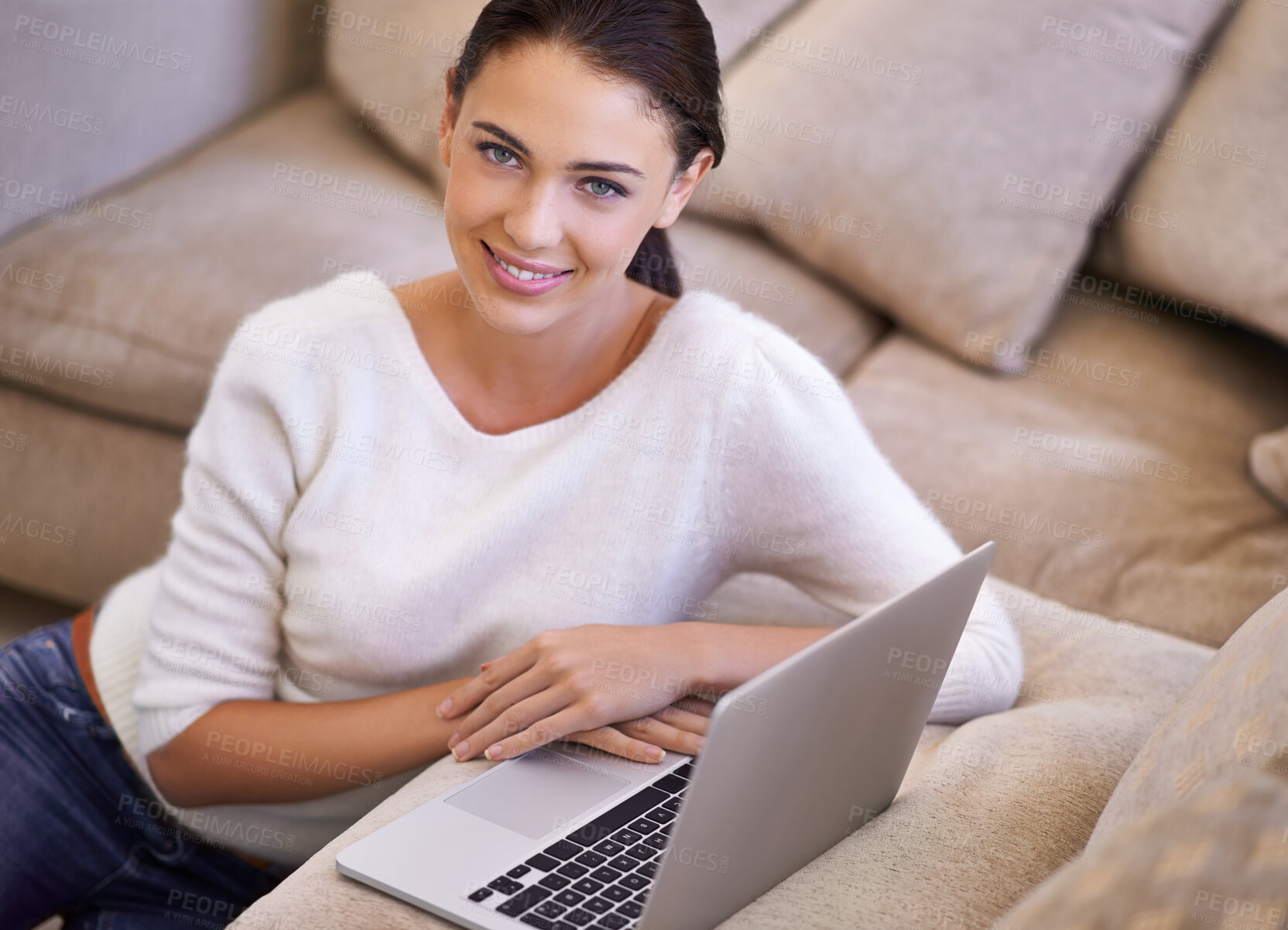 Buy stock photo Woman, portrait and living room or laptop or online communication in home for streaming, download or browsing. Female person, face and technology at sofa for connectivity, website or subscription