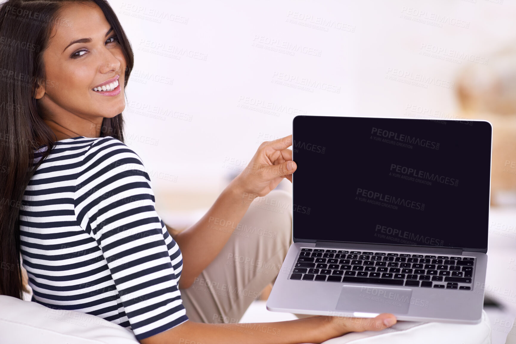 Buy stock photo Woman, laptop and screen with mockup for advertising, tech and UX with website or ads for information. Portrait for online presentation, digital marketing and software with PC, network and internet