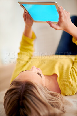 Buy stock photo Tablet, app and social media with woman on floor of home for browsing, communication or weekend free time. Technology, internet and relax with young person in living room of apartment for download