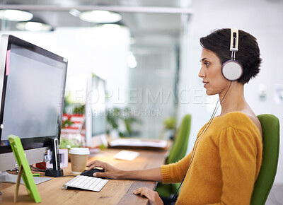 Buy stock photo Woman, headphones and computer for creative business, online and listening to music and check email. Female person, journalist and research on article in coworking space, office and website for radio