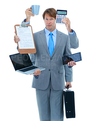 Buy stock photo Businessman, portrait and hands with multitasking for finance or accounting on a white studio background. Man or employee with calculator, documents and technology for financial audit or daily budget