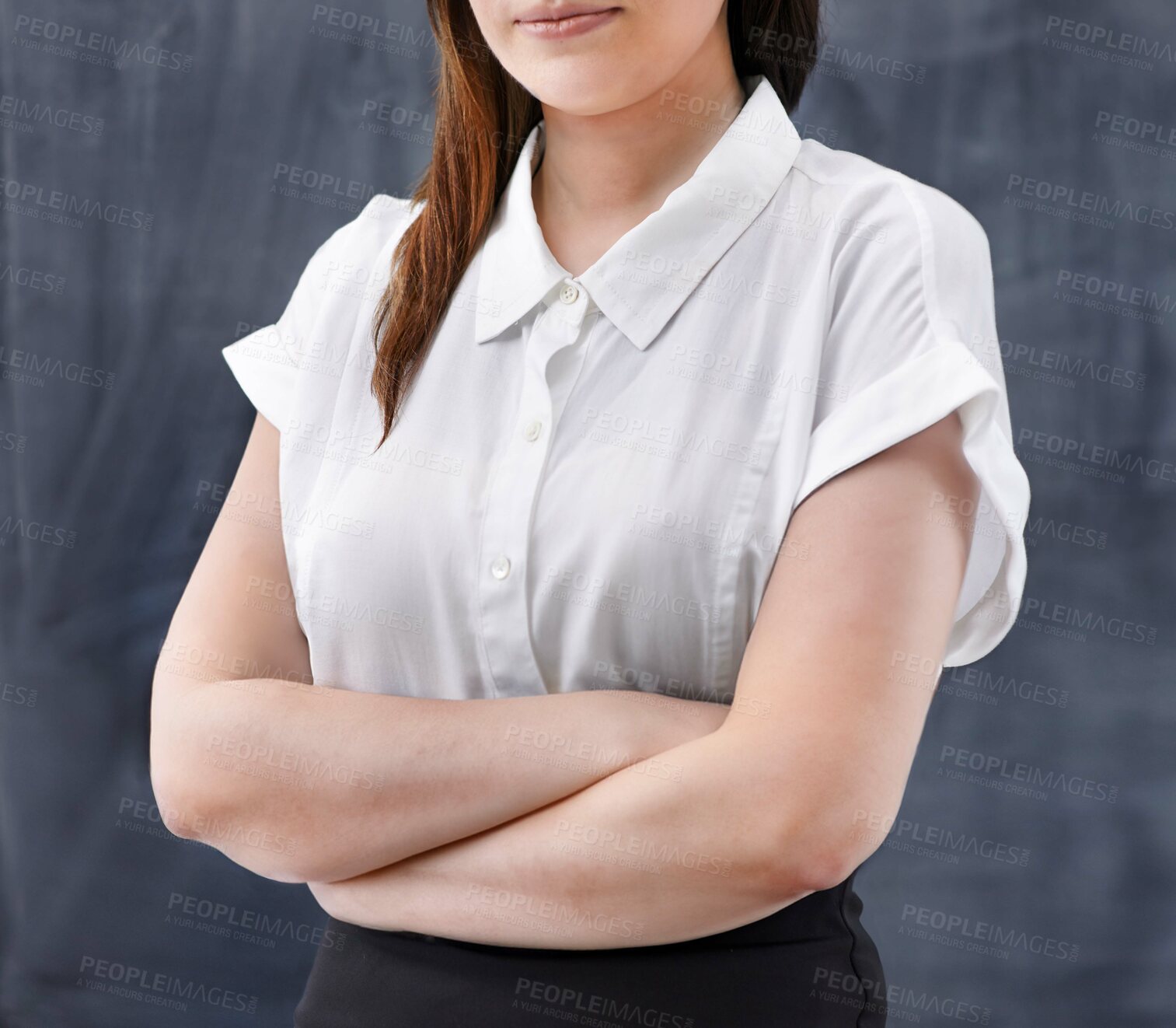 Buy stock photo A cropped studio shot of a young professional with tattoos on her neck and arms