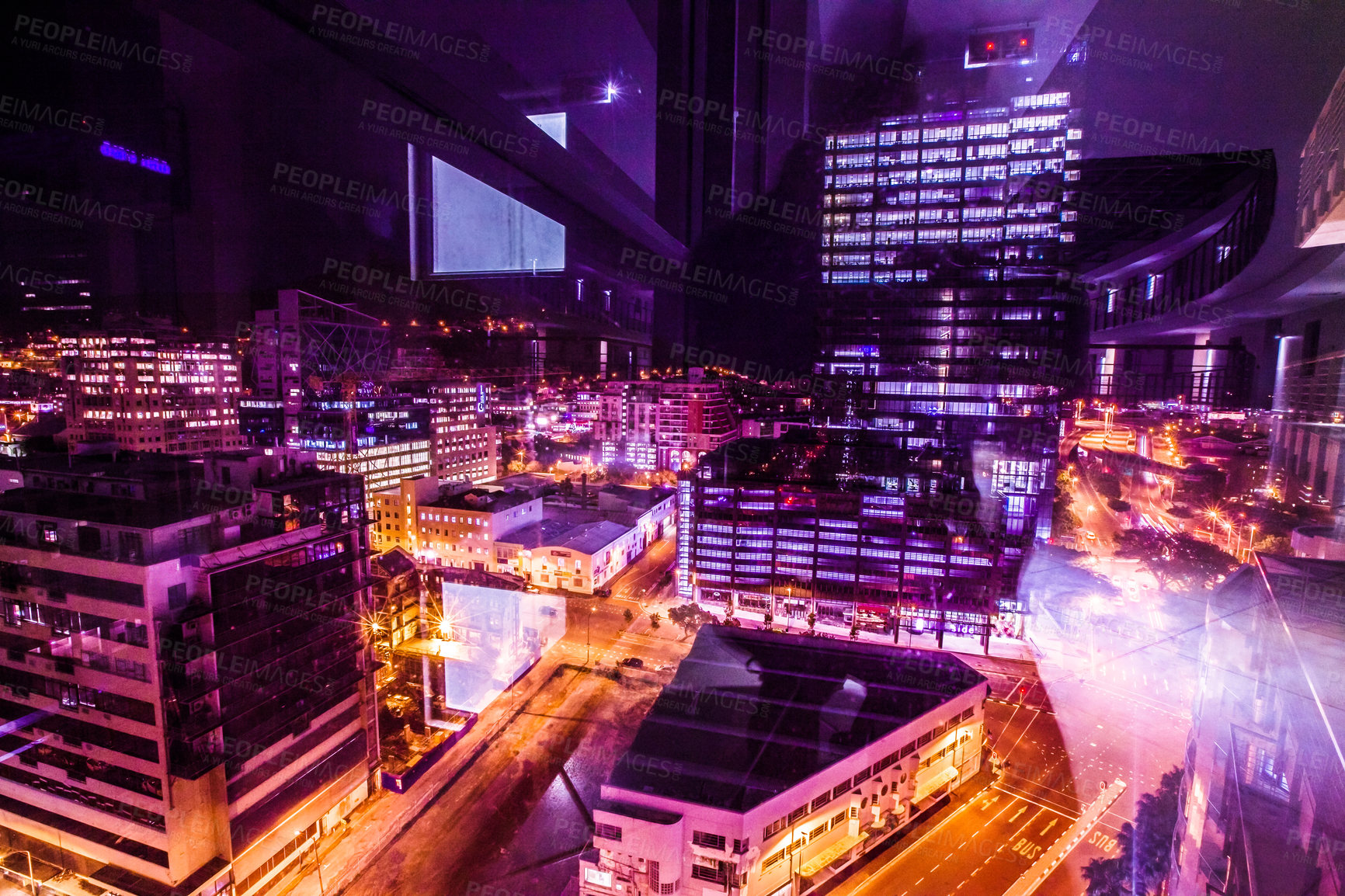 Buy stock photo Buildings, city lights and dark urban background of road, street and building at night. Cityscape architecture, skyscraper and skyline outdoor with buildings and city street neon lighting backgrounds