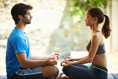 Buy stock photo Man, woman and yoga class for meditation, fitness and wellness for health and workout. People, sitting and zen for peace, lotus pose and balance with instructor for holistic energy with home pilates