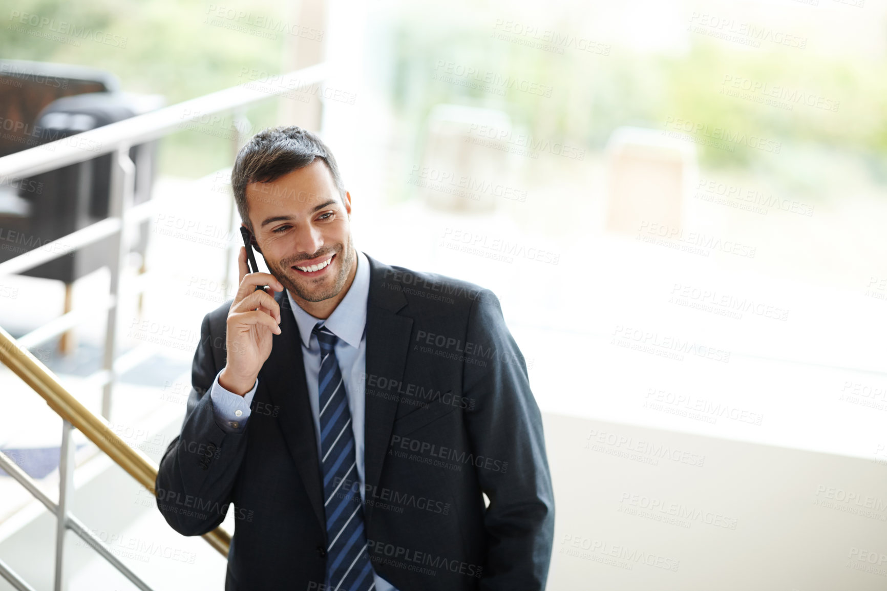 Buy stock photo Phone call, smile or businessman in office talking for project, conversation or deal communication. Discussion, broker or happy financial advisor networking for investment, negotiation or good news