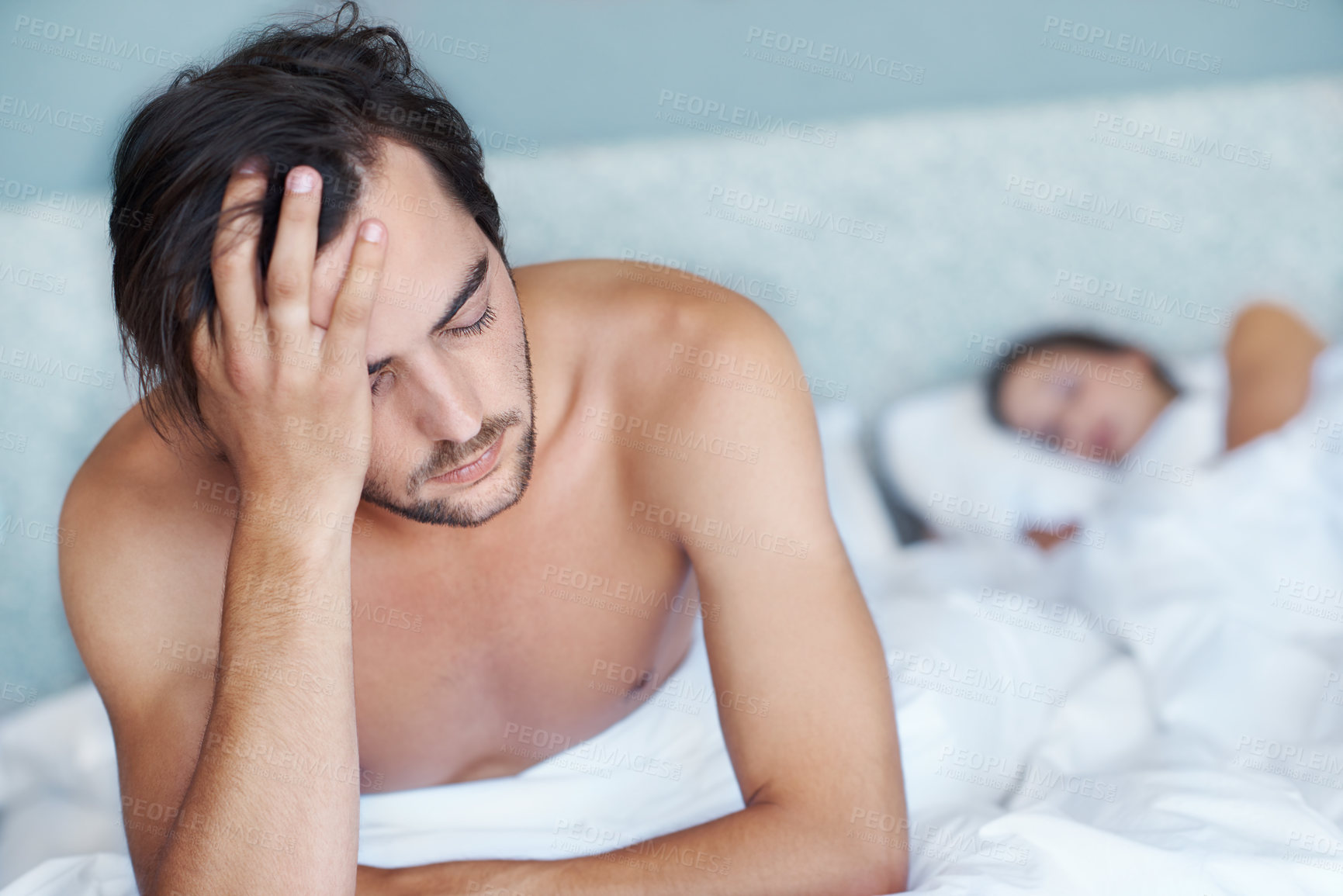 Buy stock photo Bed, depressed and man with partner in bedroom for stress, headache and toxic relationship at home. Mental health, sad person and woman asleep for disagreement, insomnia and fatigue or anxiety