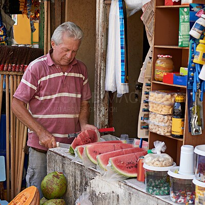 Buy stock photo Street vendor, man and selling fruit for profit with vitamin c, antioxidants and grocery for cooking. Food, nutrition and male entrepreneur with watermelon for healthy diet and local market in Brazil