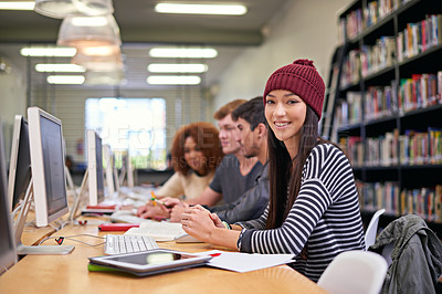 Buy stock photo Study group, students and portrait of girl in library for education, assignment or academic research. Campus, college or university for learning, female scholar or friends for essay project by pc