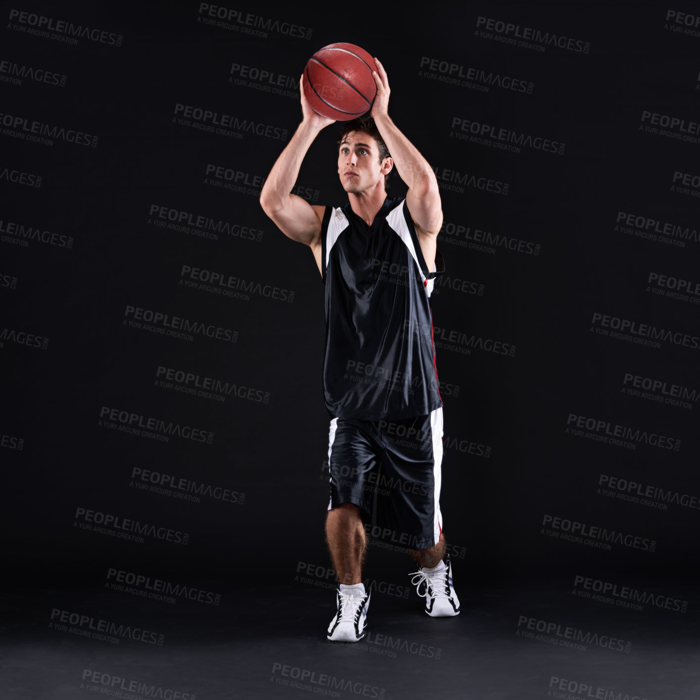 Buy stock photo Sports, basketball and man with shooting for fitness, training or practice as athlete or player in workout. Male person, talent and game for exercise, wellness and goal on black background in studio