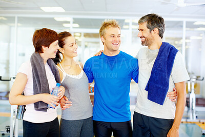 Buy stock photo Happy men and women at fitness center