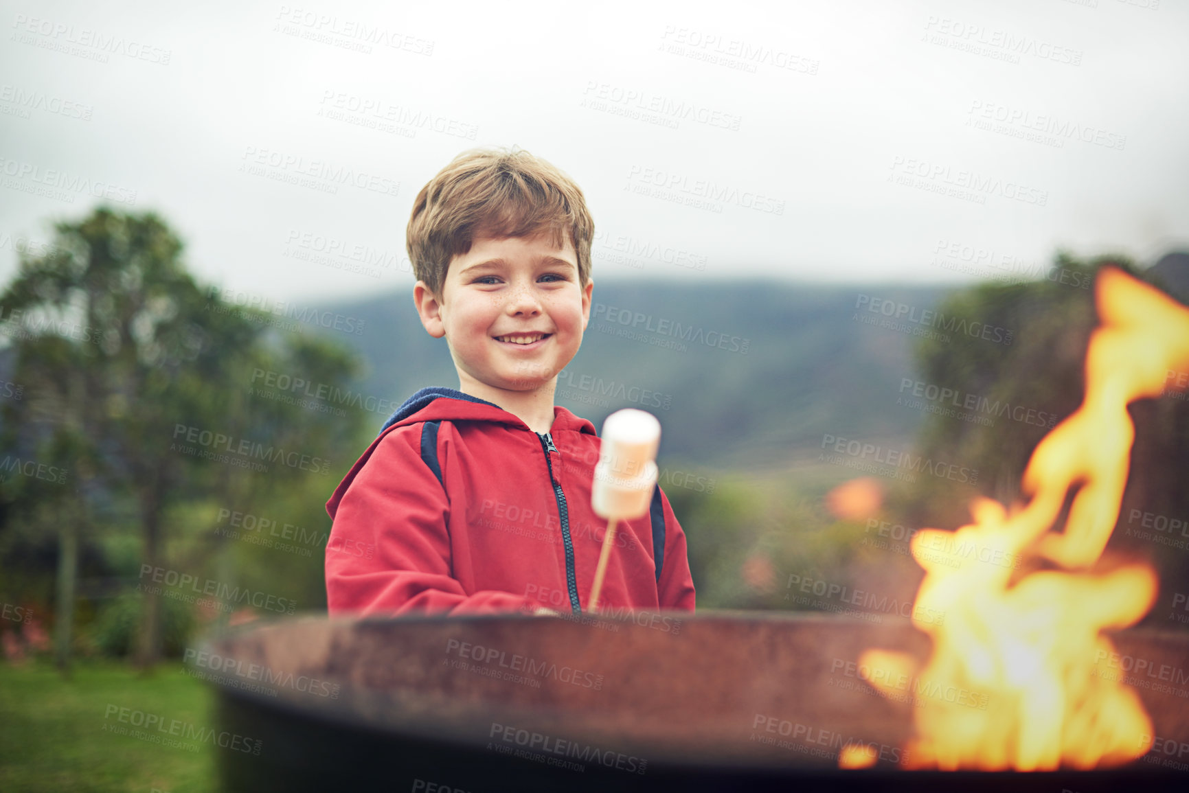 Buy stock photo Fire, outdoors and boy in portrait with marshmallow for cooking on flame with happiness. Child development, camping and smile with scenic mountain in winter morning at campsite in Switzerland.
