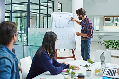 Buy stock photo Whiteboard, graph and man in boardroom with strategy for teamwork and collaboration. People, office and meeting for business growth, feedback and report for reviews with presentation for statistics