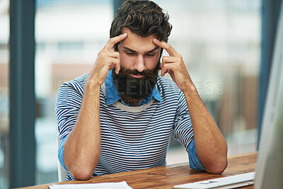 Buy stock photo Man, headache and stress at desk for burnout, employee and mental health for debt in office. Male person, creative business and migraine tension or head pain, frustrated and fail or mistake at work