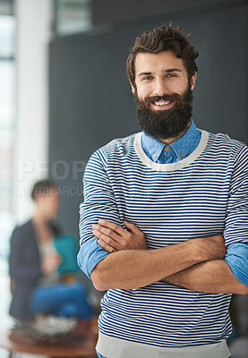 Buy stock photo Portrait, smile and confident business man in startup office for career, job or pride in France. Face, happy professional and entrepreneur with arms crossed, employee and creative editor in company