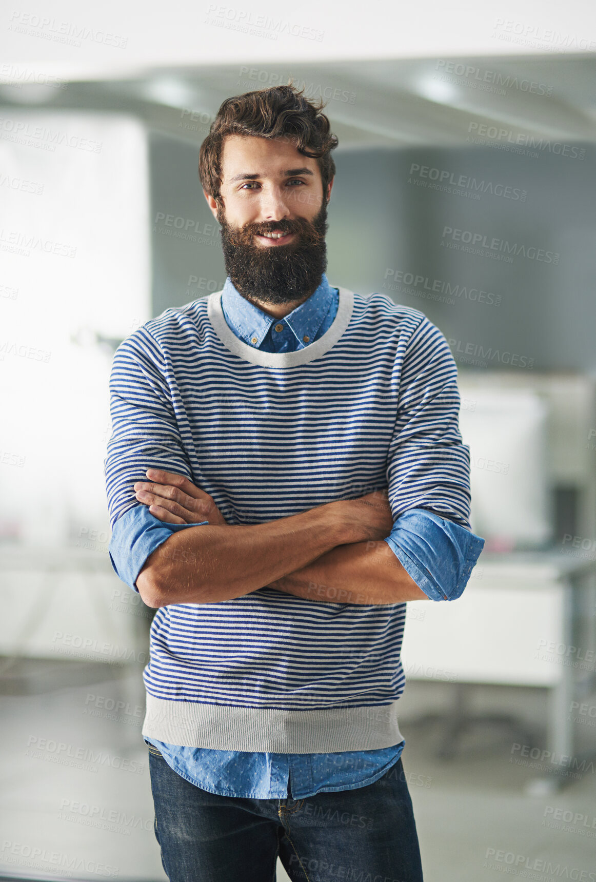 Buy stock photo Portrait, happy and business man with arms crossed in creative startup office for career, job or pride in Canada. Confidence, smile and professional entrepreneur, employee and designer in company