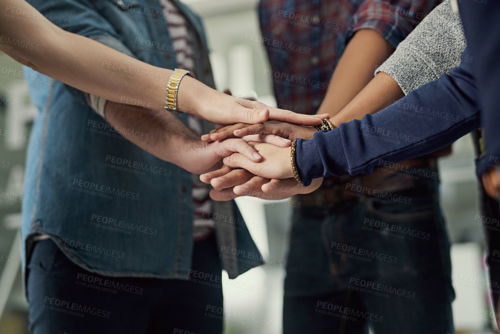 Buy stock photo Creative, hands and people together in office for collaboration on work project or task, celebration and synergy. Team, huddle and bonding in building of designer company, motivation and achievement.