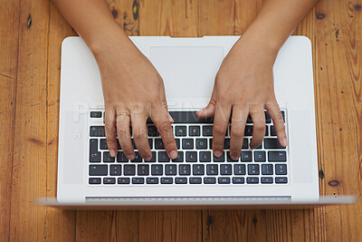 Buy stock photo Hands, students and laptop for online research, planning and e learning resources to view or angle at desk. Person editing PhD proposal on computer for scholarship, essay or assignment with keyboard