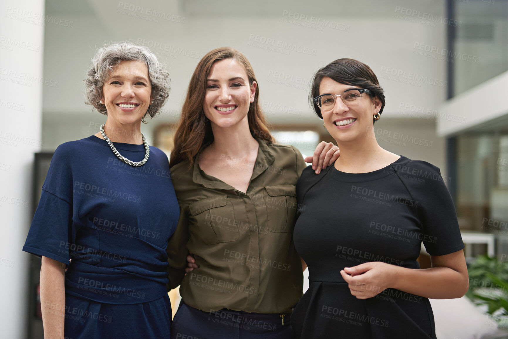 Buy stock photo Smile, business women or portrait in office for collaboration, partnership and teamwork in company. Happy, group or employees with senior female person in support for leadership and mentorship