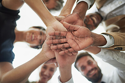 Buy stock photo Teamwork, business people and hands together for support, success and celebration or victory in workplace. Collaboration, solidarity and employees as workforce, cooperation and trust in low angle