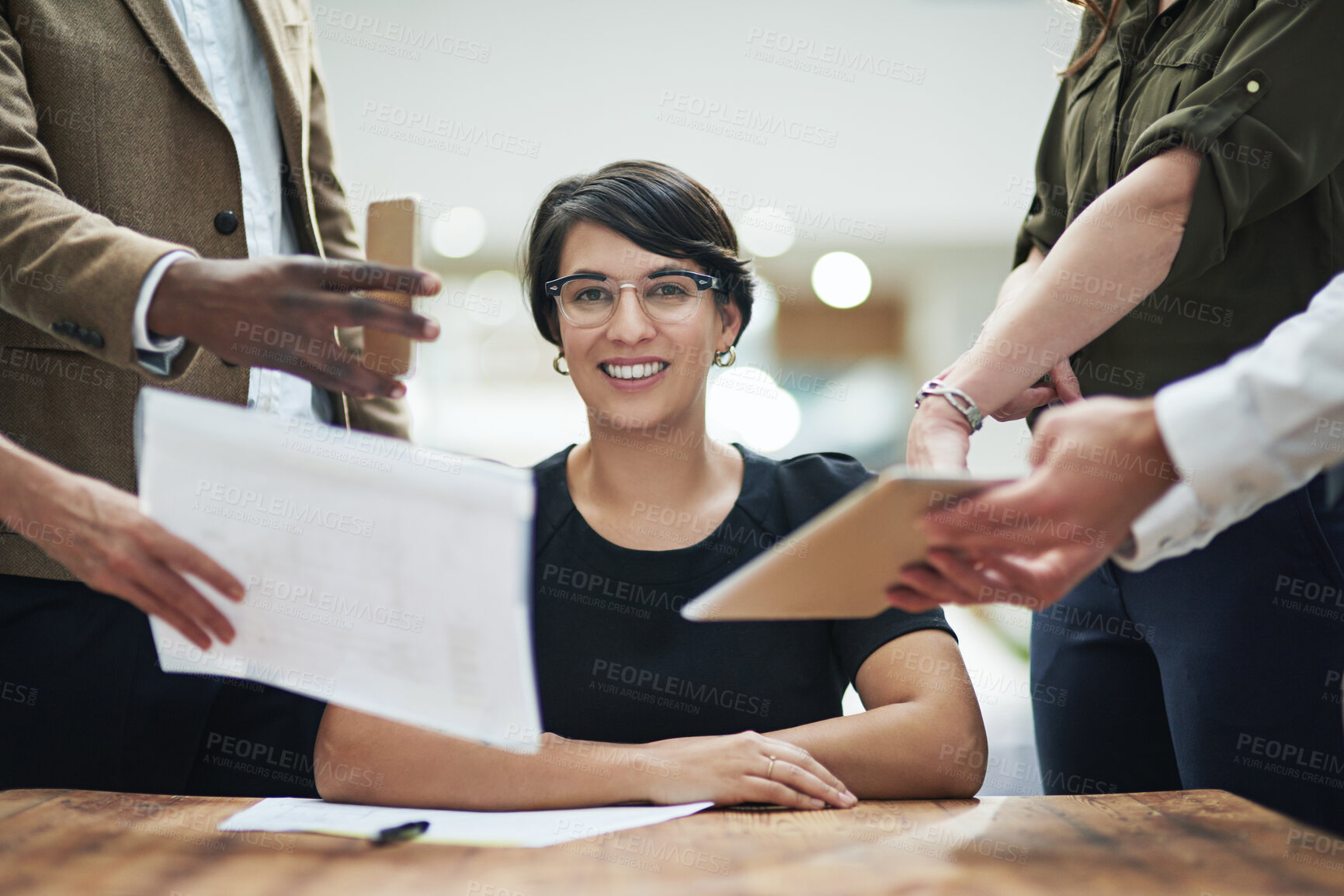 Buy stock photo Business woman, chaos and colleagues in portrait with documents for crisis in workplace or calm in stress. Female person, coworkers and smile for teamwork, mentorship and leadership in office