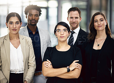 Buy stock photo Business people, portrait and cooperation with teamwork, diversity and support with corporate professional. Legal aid, attorney or lawyer in office, confidence and collaboration with pride or startup