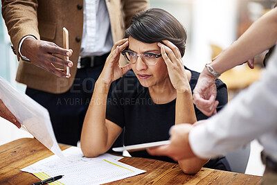 Buy stock photo Anxiety, busy and multitask with business woman in office for administration, deadline or management. Hands, headache and stress with mature manager in creative workplace to balance responsibility 