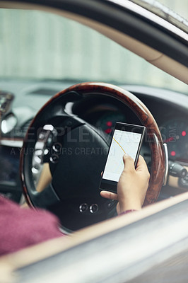 Buy stock photo Phone, car and digital map with hands for direction, planning and mobile app for route and road trip. Travel, online and driver with screen for driving, transport and internet search with person