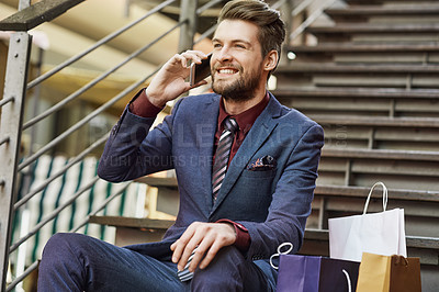 Buy stock photo Businessman, phone call and bags on steps for shopping break, relax and networking in city. Male person, mobile and conversation for customer, retail and corporate fashion on stairs in New York
