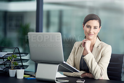 Buy stock photo Business woman, portrait and manager with computer on table for project management, entrepreneur or administration. Happy, planning and communication on desktop, typing and professional agency