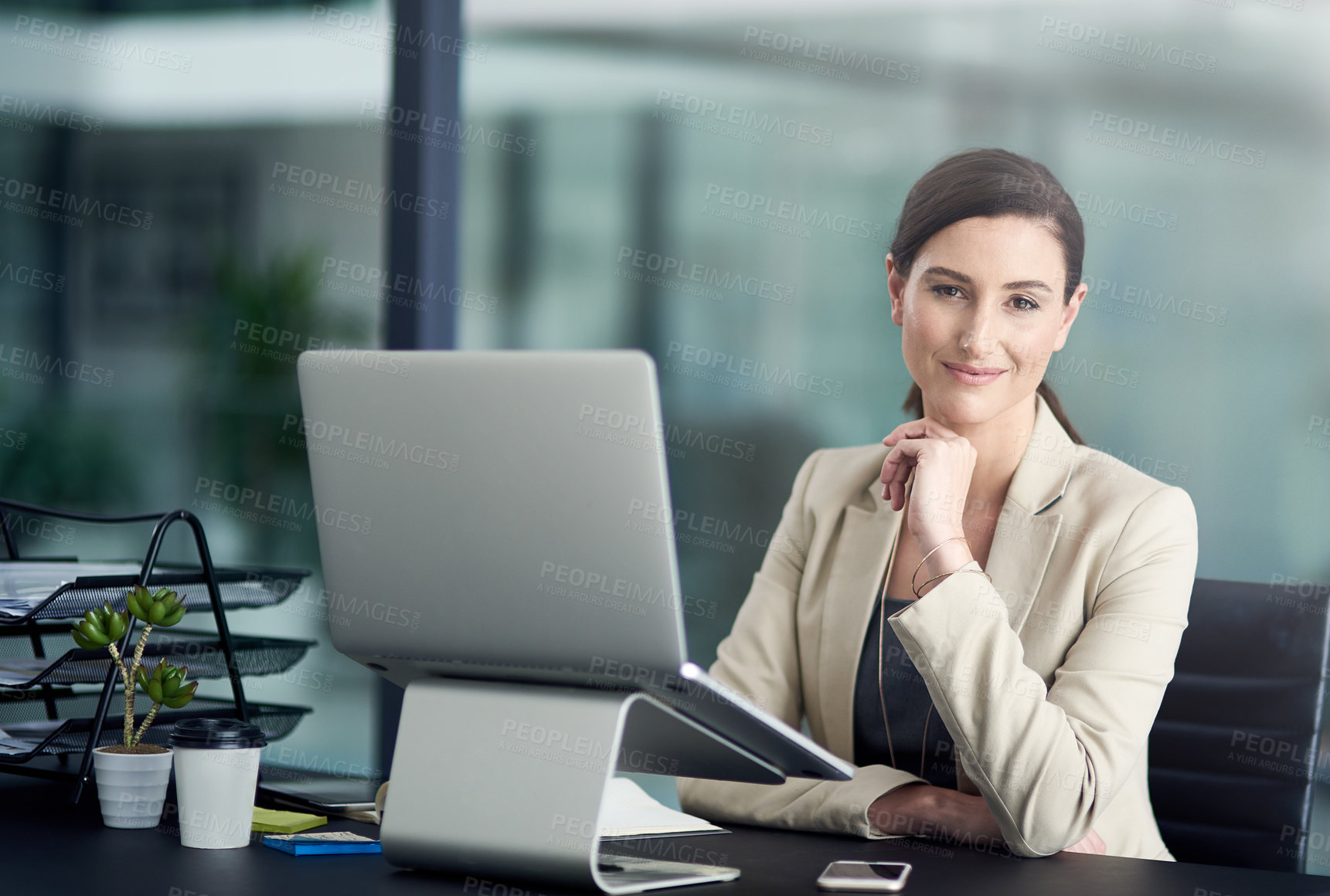 Buy stock photo Business woman, portrait and manager with computer on table for project management, entrepreneur or administration. Happy, planning and communication on desktop, typing and professional agency