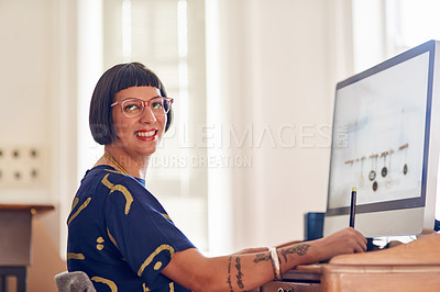 Buy stock photo Portrait, woman and graphic designer in studio with smile as creative, entrepreneur for industry or company. Female person, screen and technology in workshop for website, online and small business