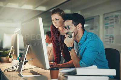 Buy stock photo Graphic designer, man and office for meeting, discussion and teamwork with computer. Creative businesspeople, partnership and collaboration for small business, internet startup and website planning