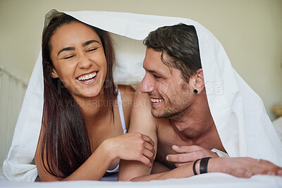 Buy stock photo Happy woman, couple and intimacy on bed for commitment, trust and love in home or apartment. Man, comfort and relationship with pride for marriage, bond and smile with partner for anniversary or date