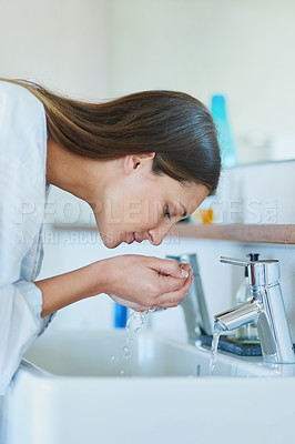 Buy stock photo Sink, washing face and woman with water in bathroom for hygiene, cleaning and morning routine. Liquid, aqua and female person with skincare for cosmetics, dermatology and facial health at home