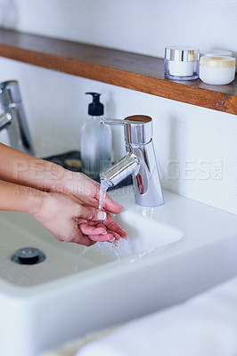 Buy stock photo Basin, washing hands and woman with water in bathroom for cleaning, protection and germ disinfection. Home, skincare and female person with liquid for bacteria removal, hygiene health and safety