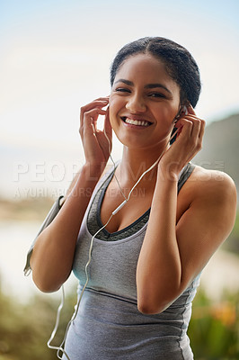 Buy stock photo Earphones, smile or portrait of girl runner streaming music to start training, workout or outdoor exercise. Resting, happy or healthy sports woman athlete listening to radio audio or fitness podcast