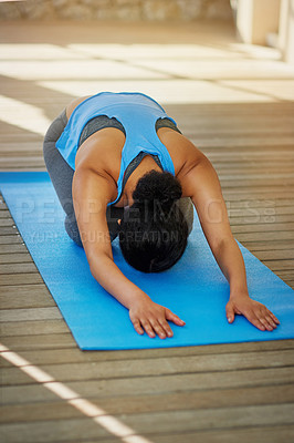 Buy stock photo Yoga, woman and child pose on floor for back stretching, relief stress and pilates for wellness. House, mat and female yogi for fitness, exercise and flexibility for routine indoor with girl at home