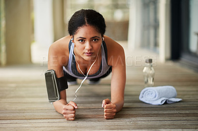 Buy stock photo Earphones, plank or portrait of girl athlete streaming music to start training, workout or outdoor exercise. Ab strength, runner or healthy sports woman listening to radio audio or fitness podcast