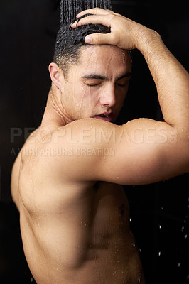 Buy stock photo Cleaning, relax and man in shower for body hygiene, pride and wellness for skin routine in studio. Grooming, skincare and male model with wash, water and self care for confidence on black background