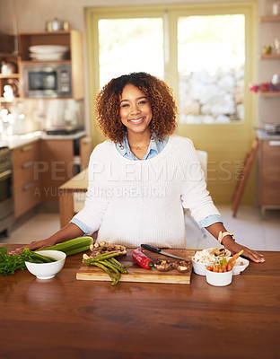 Buy stock photo Cooking, meal and woman with food for vegetables, fresh and dinner in home. Vegan, diet or healthy eating with portrait and recipe for nutrition, natural and female person in kitchen with ingredients