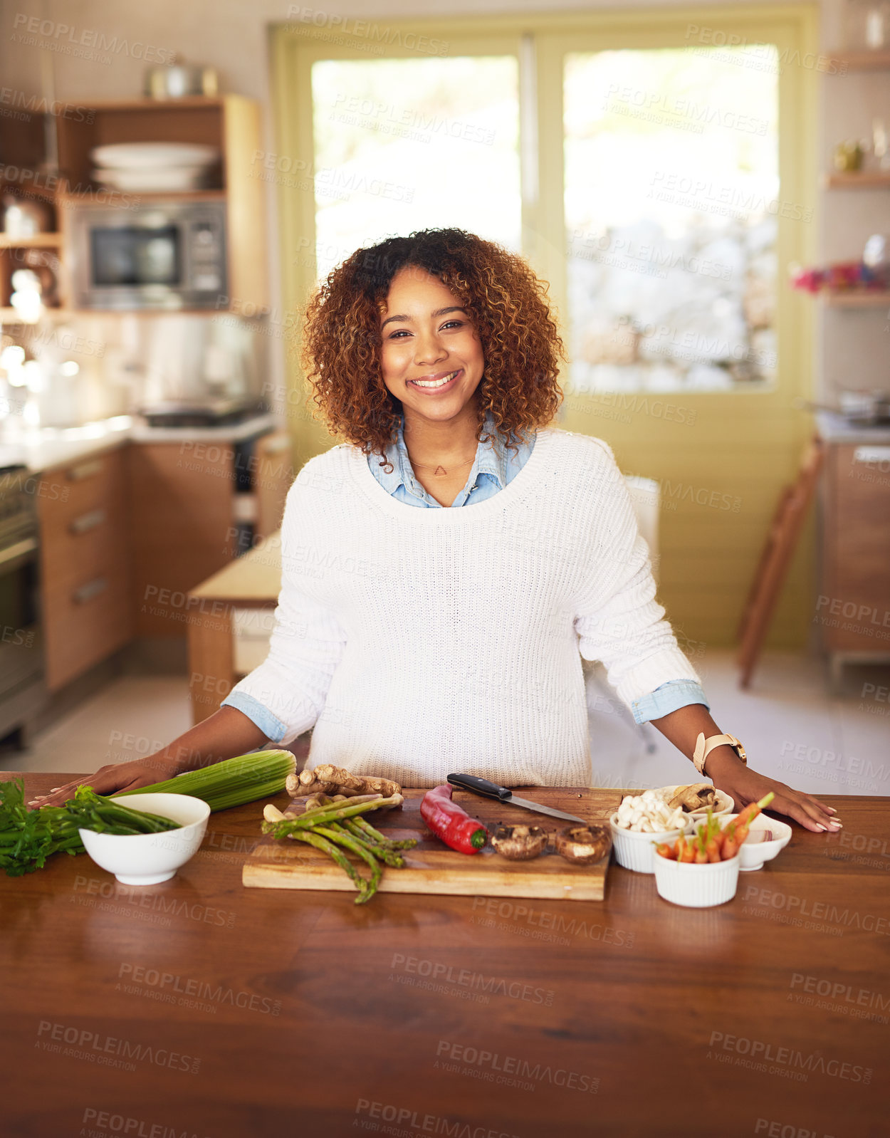 Buy stock photo Cooking, meal and woman with food for vegetables, fresh and dinner in home. Vegan, diet or healthy eating with portrait and recipe for nutrition, natural and female person in kitchen with ingredients