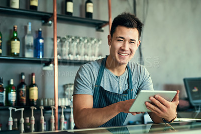 Buy stock photo Portrait, Asian and man with tablet in restaurant as barista for online order, website and inventory for industry. Smile, Korean and male owner with digital, email and stock, sales or delivery shop