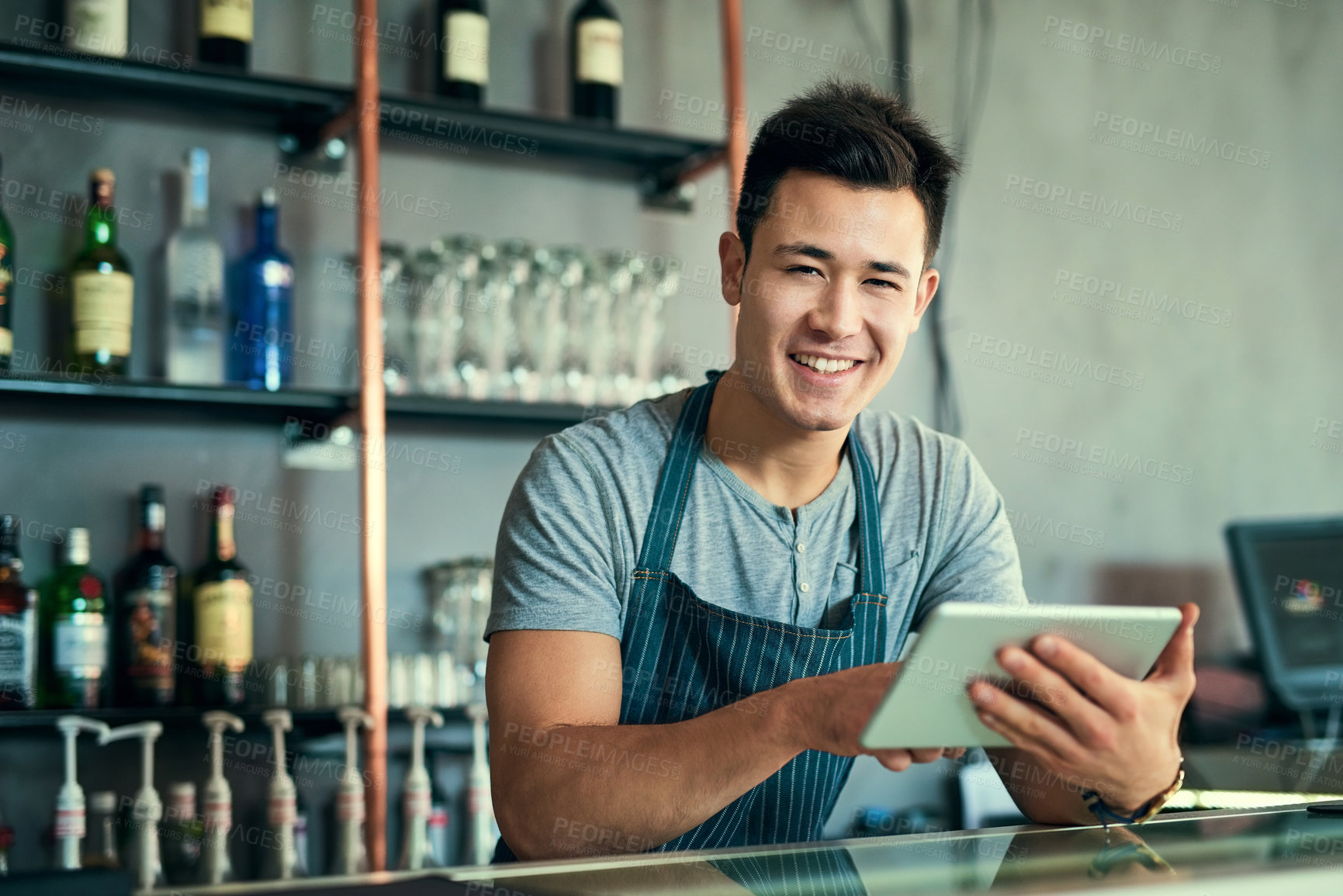 Buy stock photo Portrait, Asian and man with tablet in restaurant as barista for online order, website and inventory for industry. Smile, Korean and male owner with digital, email and stock, sales or delivery shop