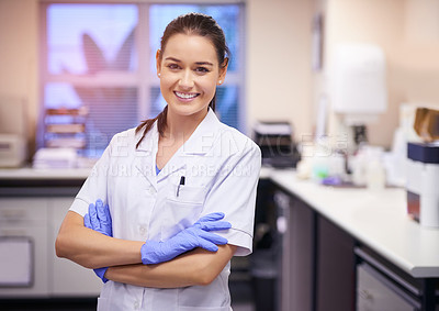 Buy stock photo Portrait, research and woman with arms crossed, lab and science with biotech, pride and medical experiment. Face, person and employee with sample, career ambition and chemistry with expert and test