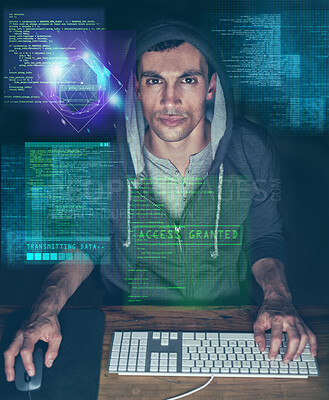 Buy stock photo Dark, hacking and man with programming overlay for online firewall, password and cybersecurity. Software, data and hacker with dashboard coding, virtual screen and network access for internet crime.