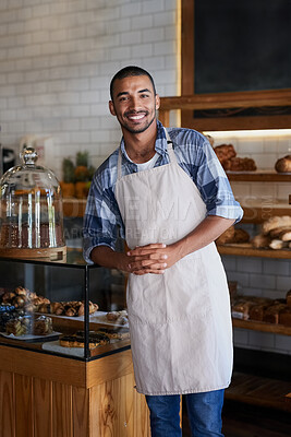 Buy stock photo Man, portrait and confident owner in cafe, small business and ready for customer service. Male person, welcome smile and waiter for hospitality in restaurant, coffee shop and proud of bakery store