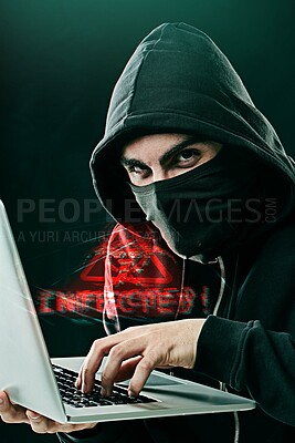 Buy stock photo Man, laptop and portrait on black background for hacking, phishing or malware distribution with virus. Hacker, technology and software for cyber crime, coding or cryptocurrency thief with programming