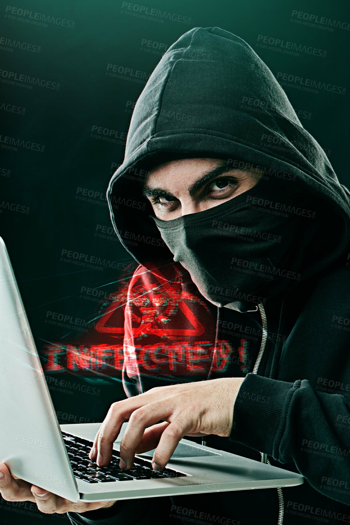 Buy stock photo Man, laptop and portrait on black background for hacking, phishing or malware distribution with virus. Hacker, technology and software for cyber crime, coding or cryptocurrency thief with programming