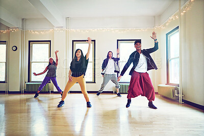 Buy stock photo Hiphop, class and group dancing together, talent and performance and movement art practice for competition. Dancer, music and culture with diversity friends with energy, fun and expression for joy